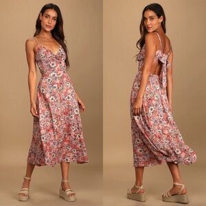 Lulus Ties With You Rose Pink Floral Tie-Back Midi Dress Size Medium Open Back